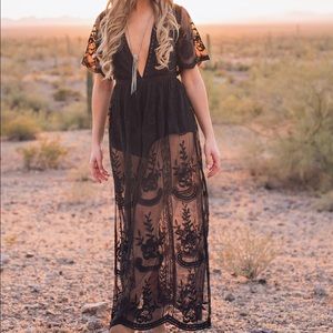 Black lace romper maxi dress