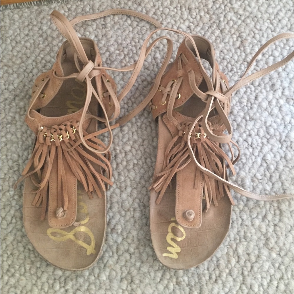 Sam Edelman leather fringe gladiator sandal.