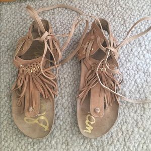 Sam Edelman leather fringe gladiator sandal.