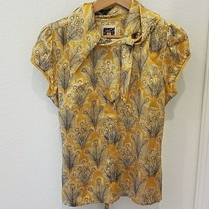 Mustard colored silk peacock print top