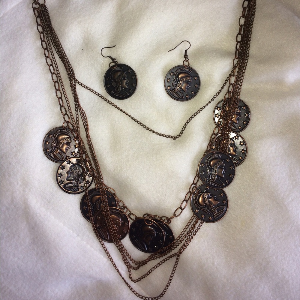 Costume copper coin necklace and earrings
