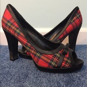 Red plaid peep toe shoes
