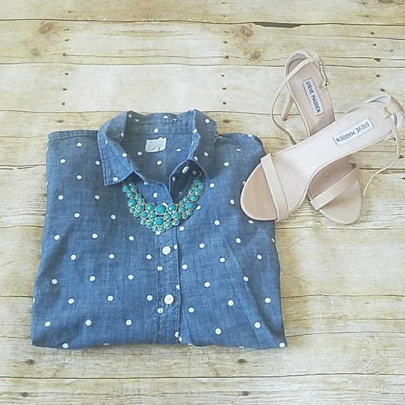 J. Crew Tops - J. Crew Denim Polka Dot Chambray Button Up