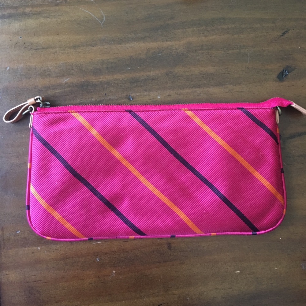 J. Crew pink striped silk clutch.