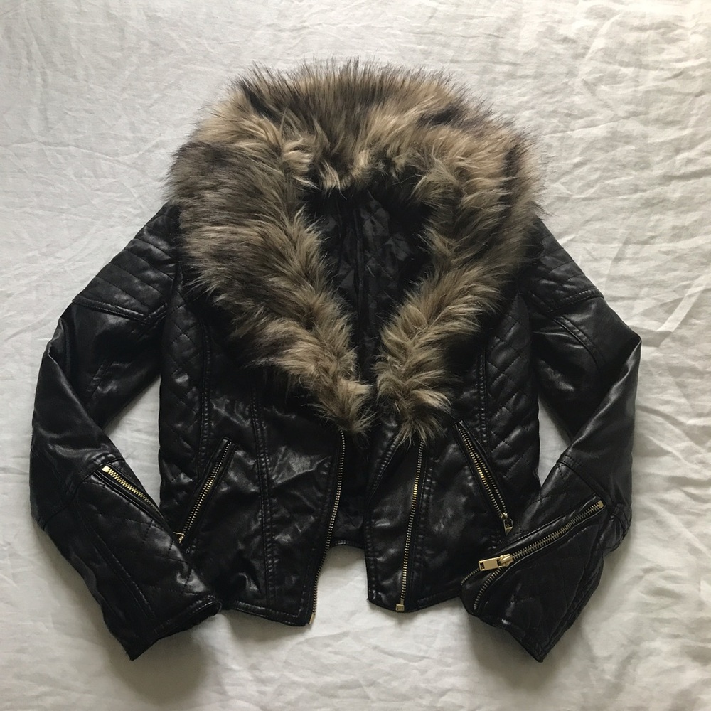 H & M Faux Leather Jacket With Fur Collar