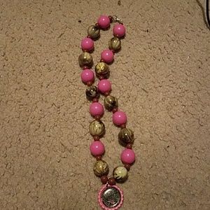 Pink and camouflage beaded necklace.