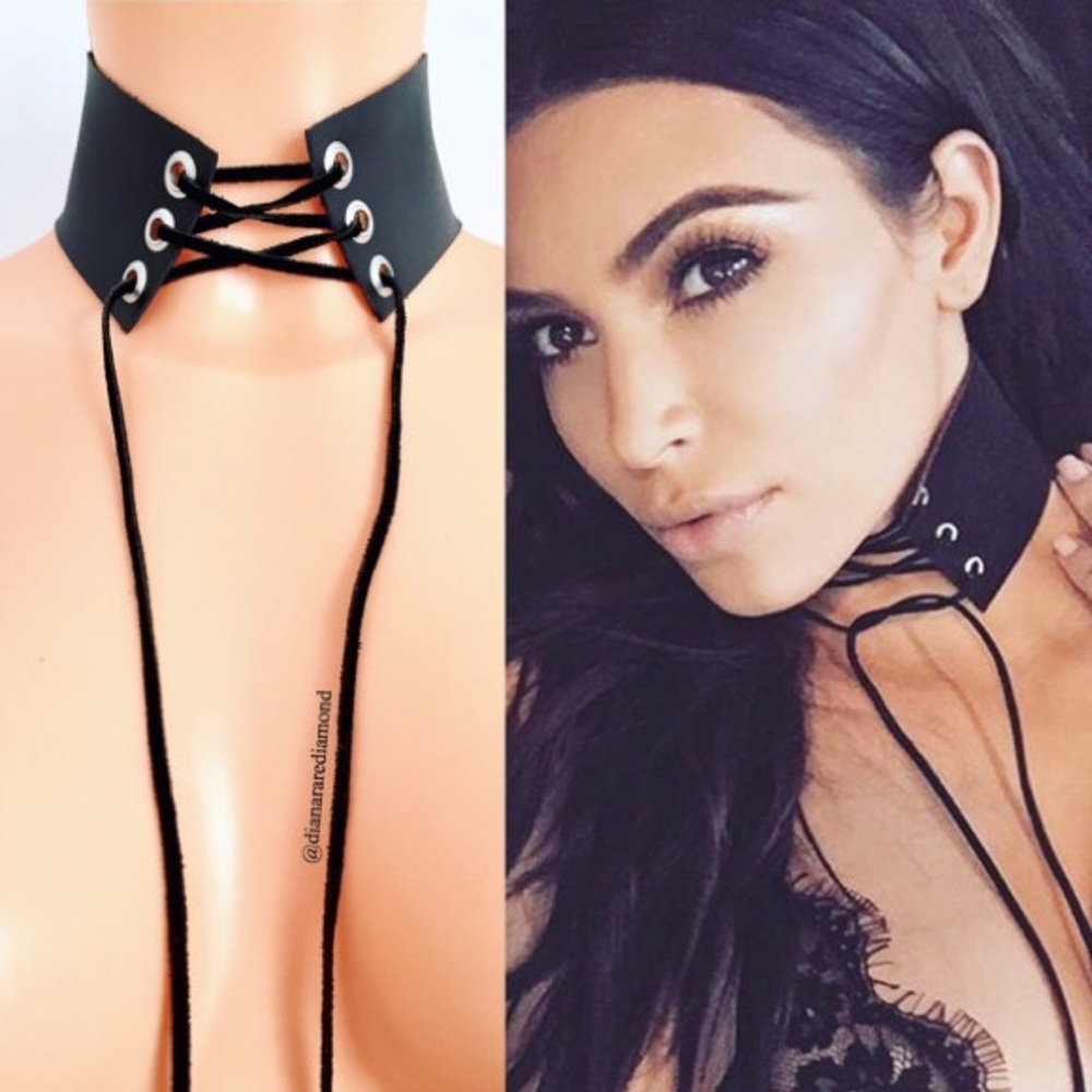 "Kim" Black Suede Lace Up Choker - Picture 1 of 5
