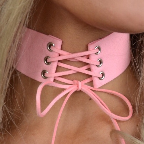 "Lyla" Baby Pink Lace Up Suede Choker - Picture 2 of 3