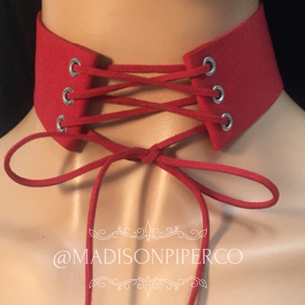 "Gisele" Red Suede Lace Up Choker - Picture 1 of 2
