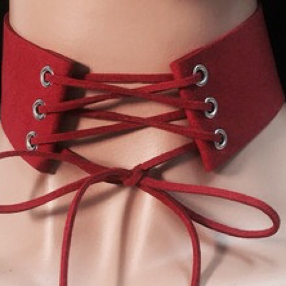 "Gisele" Red Suede Lace Up Choker - Picture 2 of 2