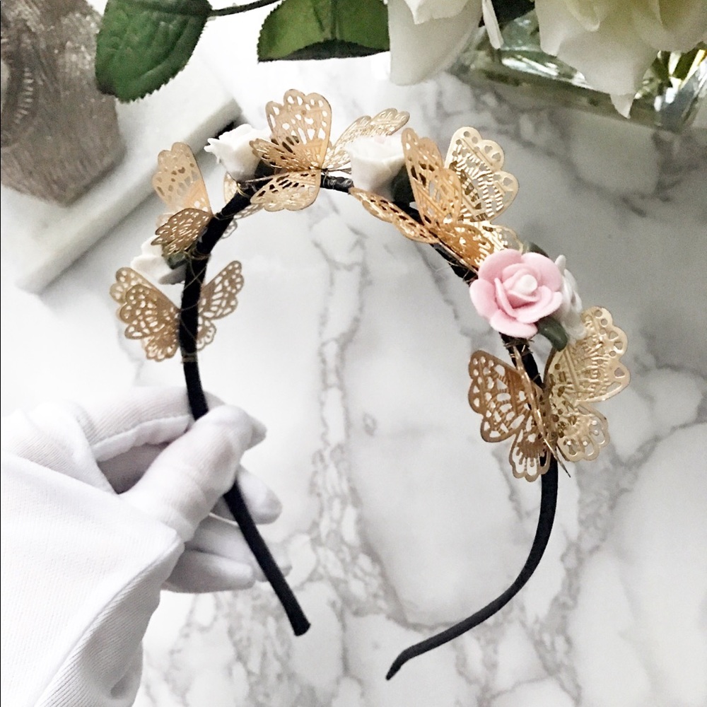 Beautiful gold butterfly and rose Headband