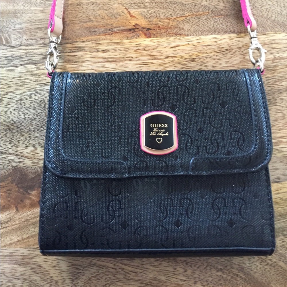 GUESS black, pink and tan crossbody