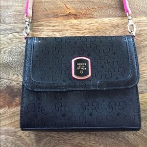 GUESS black, pink and tan crossbody