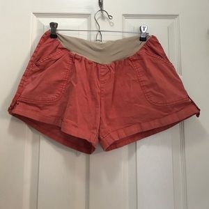 Maternity shorts, over belly, distressed coral