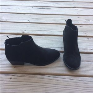 Faux suede black zip booties, low heel. 8