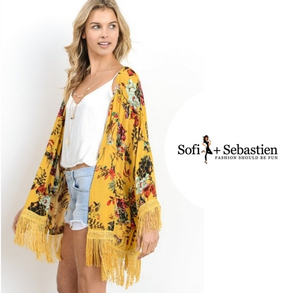 Accessories Mustard Floral Kimono Wrap With Fringe Poshmark