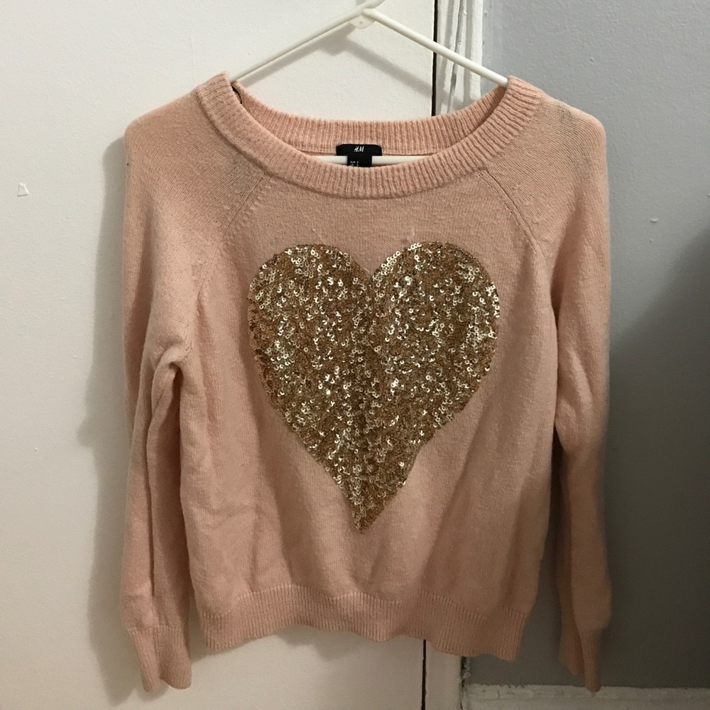 H&M Pink Sweater with Gold Sequined Heart Size S
