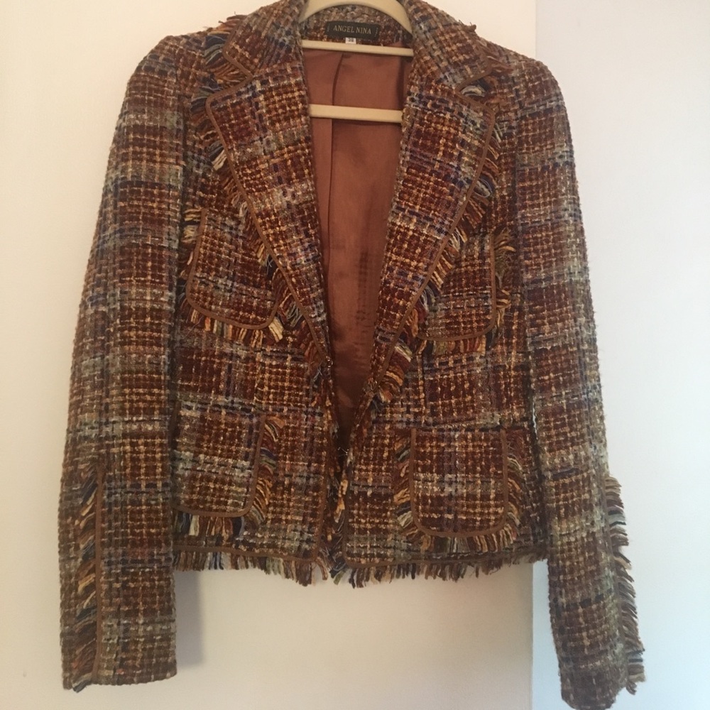 Brown tweed blazer with fringe detail