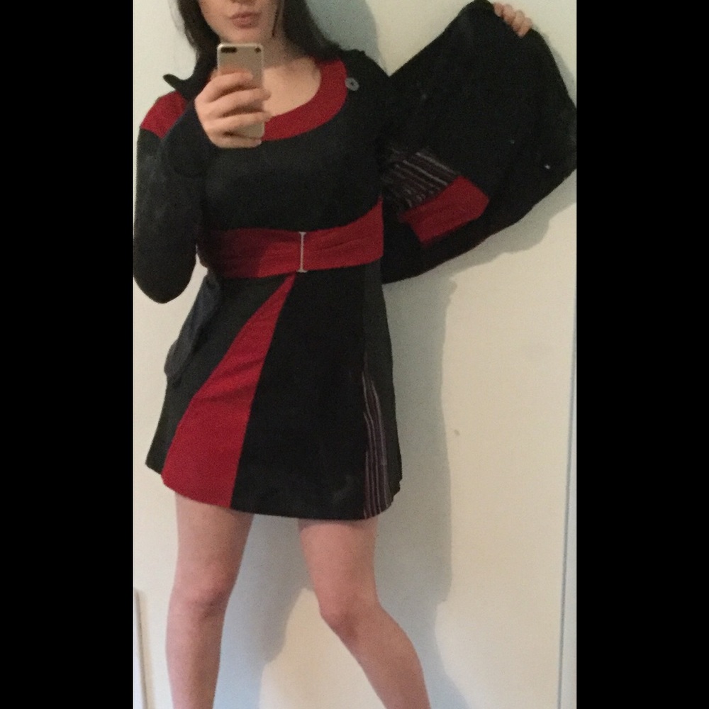Red, Black, and dark grey dress/jacket