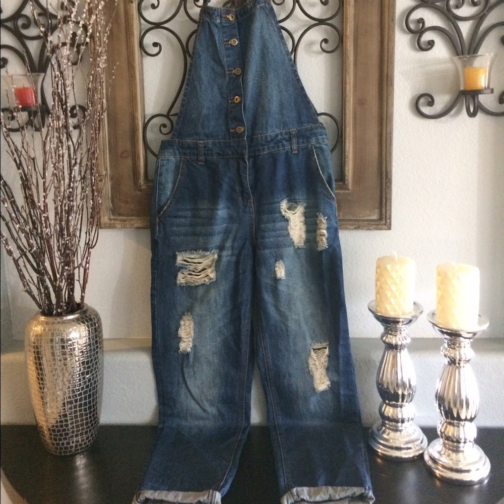 Long distressed denim overalls