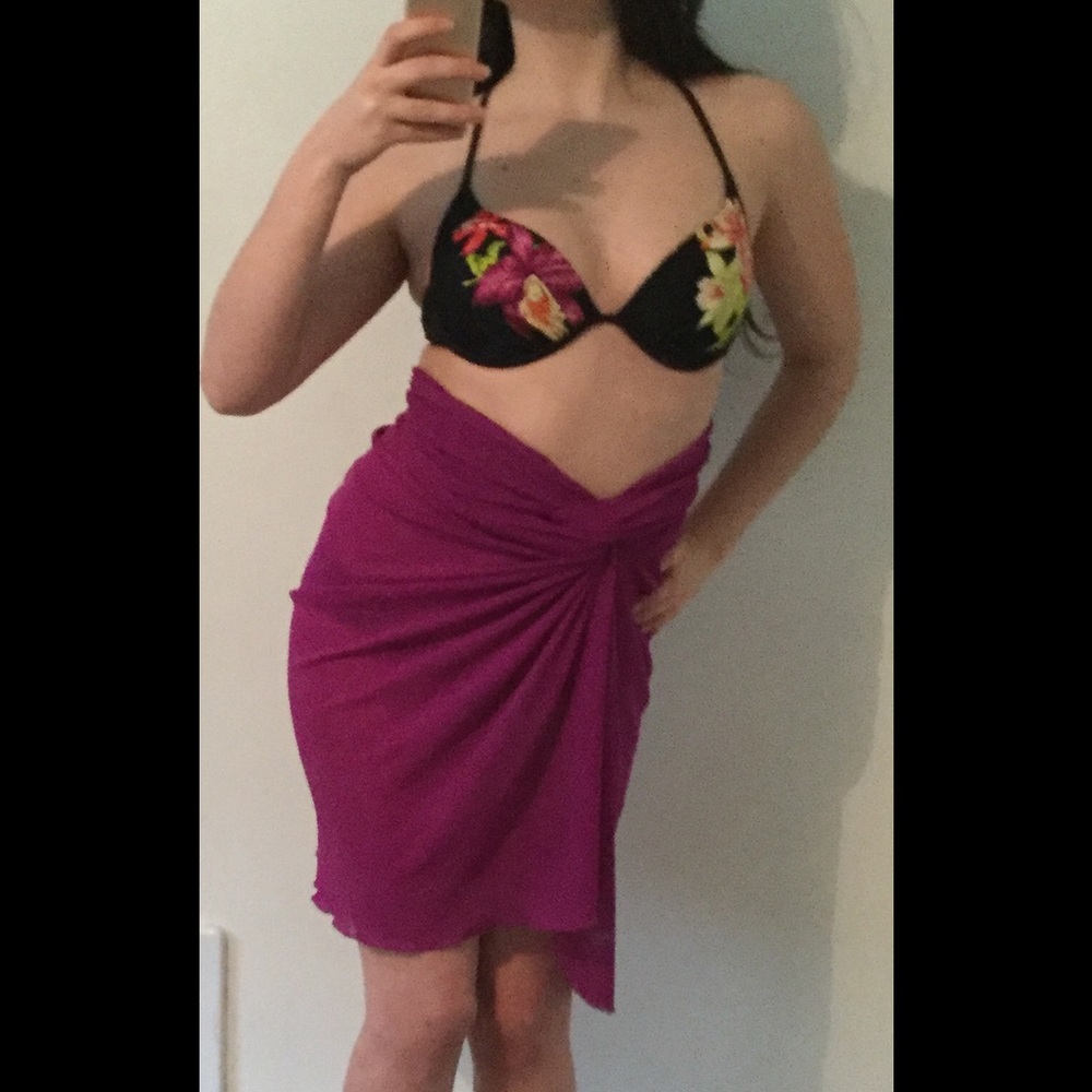 Black bathingsuit top & versatile purple scarf