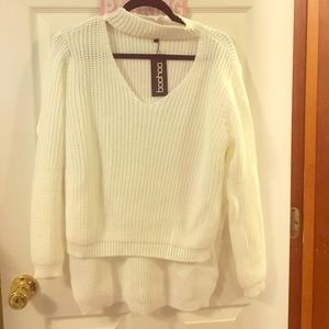 White boohoo choker strap v neck sweater.