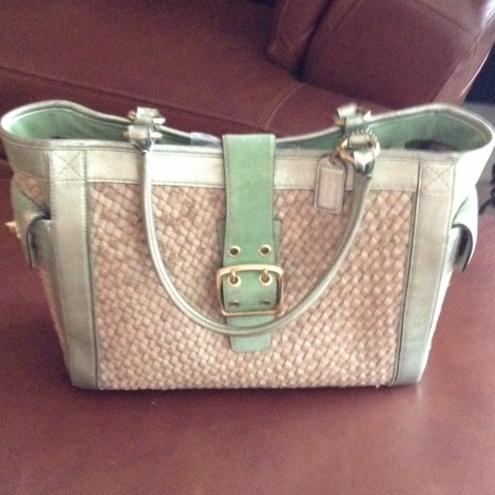 Coach straw and green suede coach bag