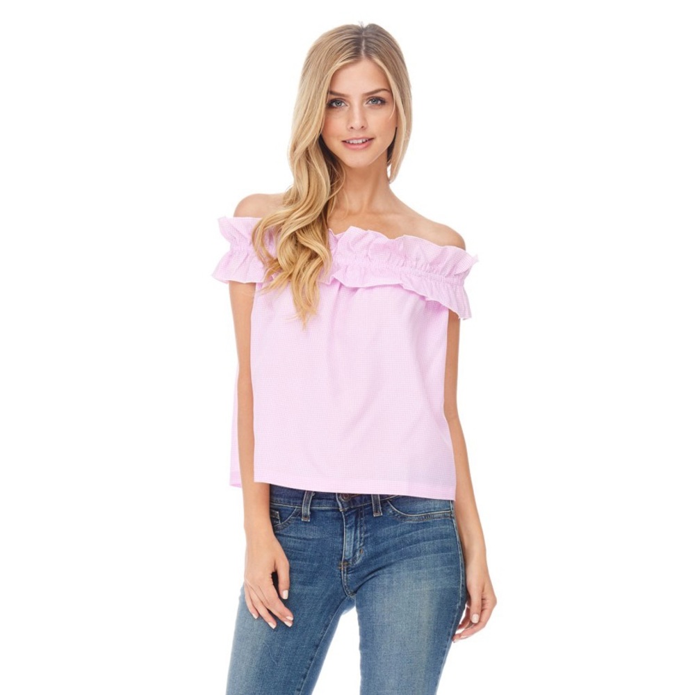 SALE Gingham Off The Shoulder Top-Pink