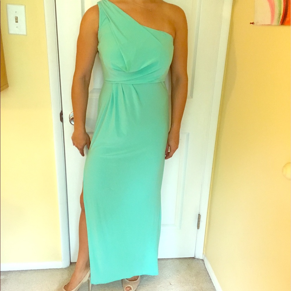 Mint blue floor length gown.