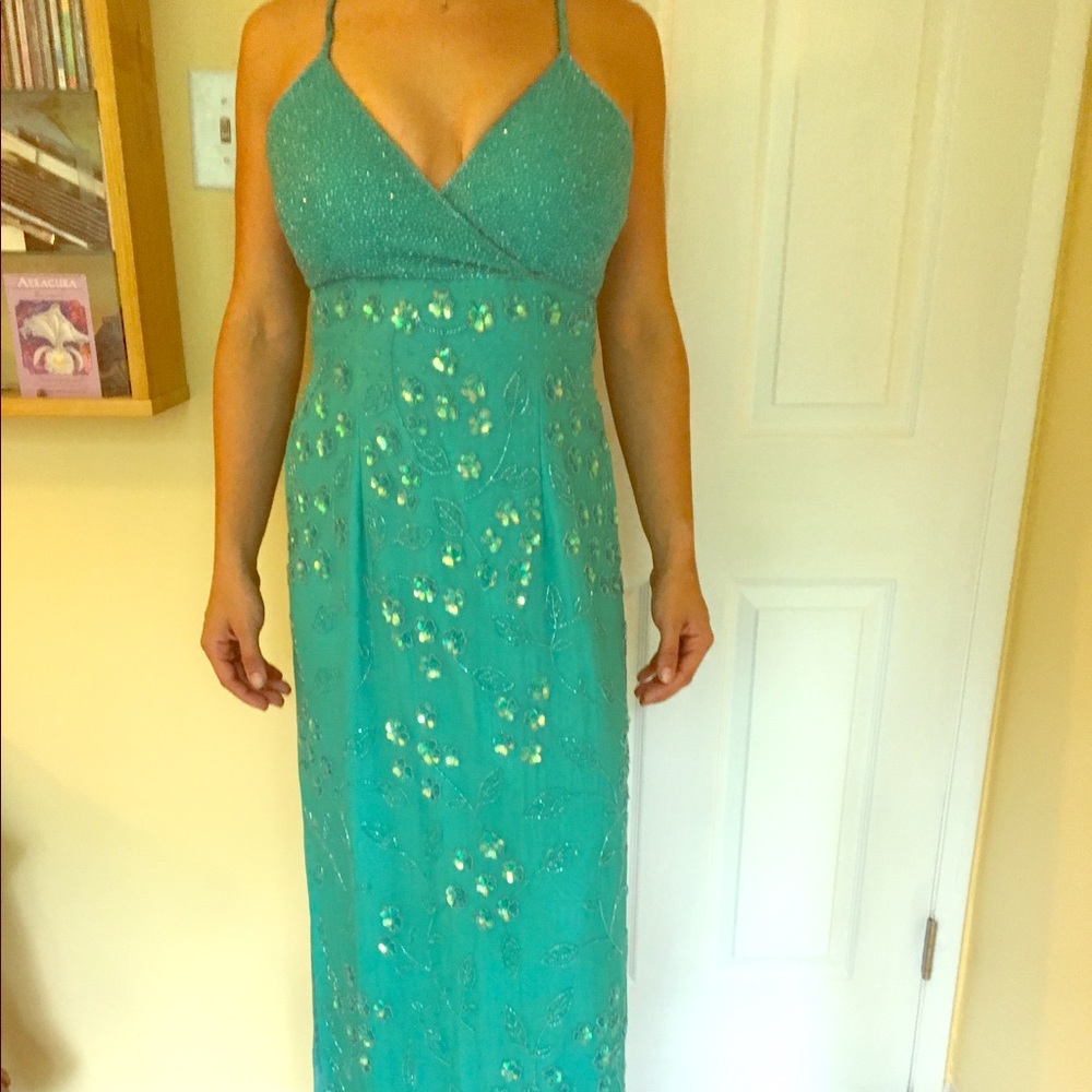 Silk and beading turquoise floor length dress