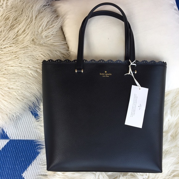 Kate Spade black leather tote scalloped trim - Picture 3 of 4