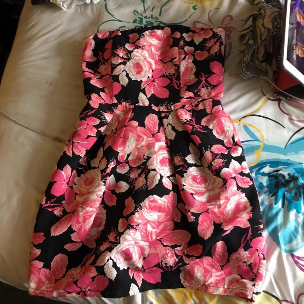 Pink and Black Floral Strapless Dress