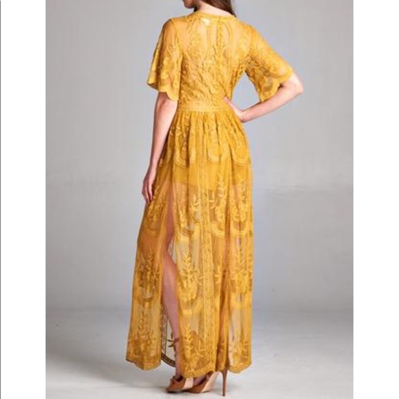 Long Gold Yellow Lace V-neck Maxi Dress NWT 👗 - Picture 5 of 6