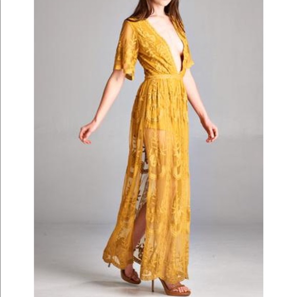 Long Gold Yellow Lace V-neck Maxi Dress NWT 👗 - Picture 6 of 6