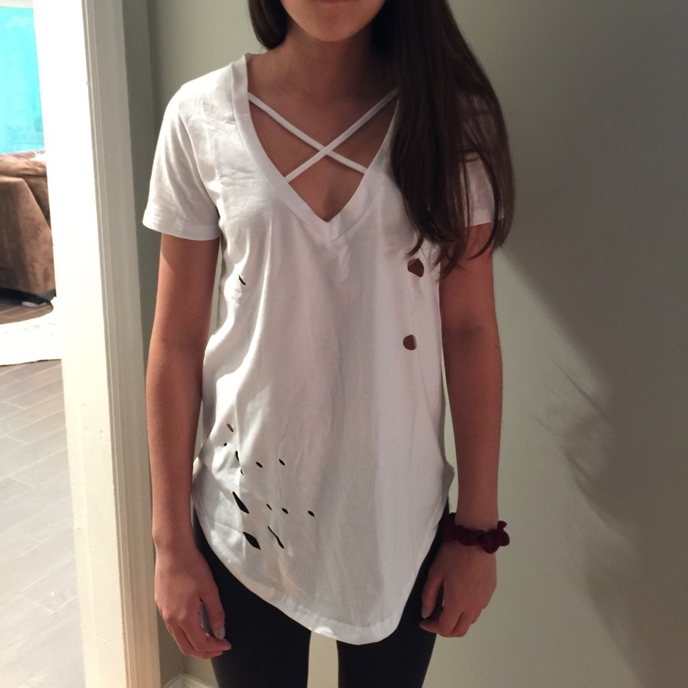 Distressed Criss Cross white Tee