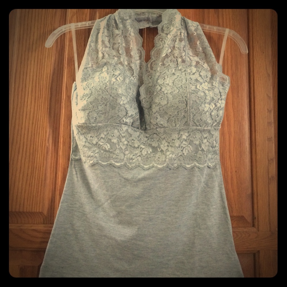 Grey Lace Trim Halter Top