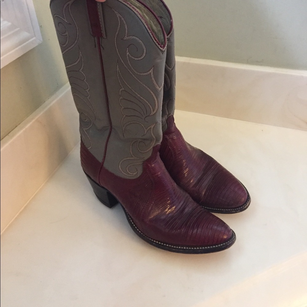 Grey and red cowgirl boots