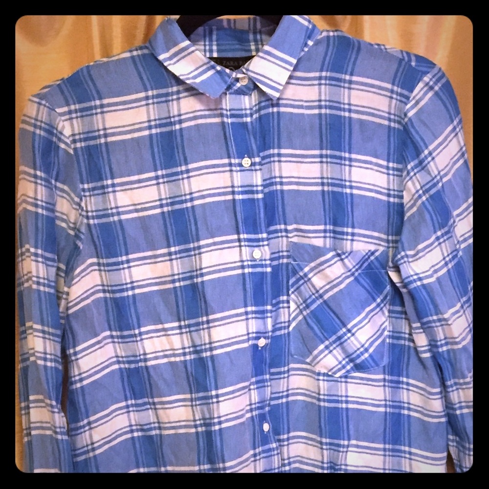 S Zara Light Blue and White Checkered Shirt