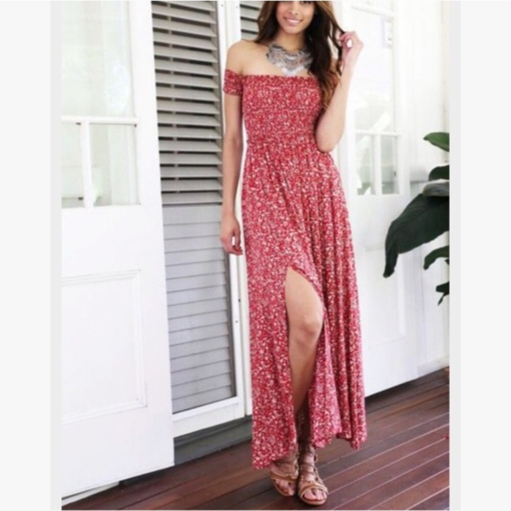 SALE!! Red maxi floral dress slit off the shoulder - Picture 6 of 7