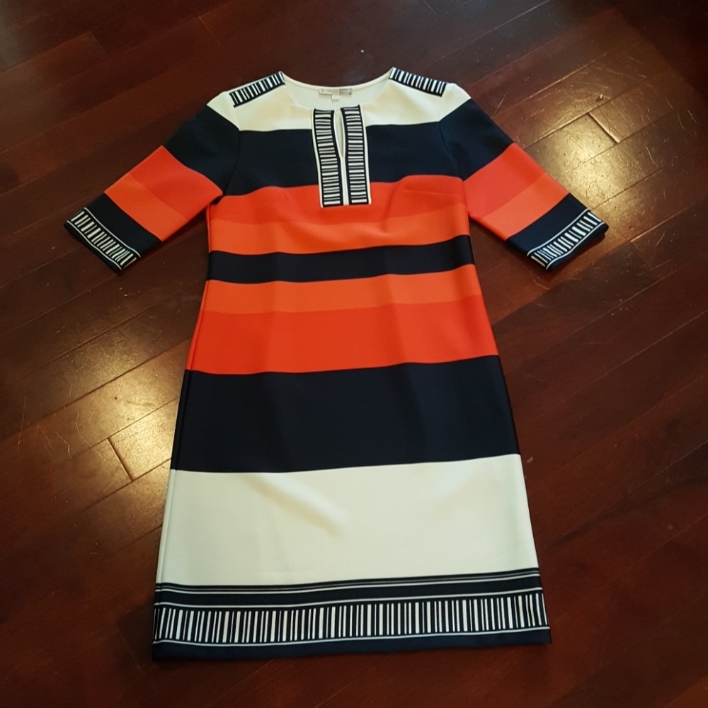 Navy, Orange, white & coral striped sheath dress