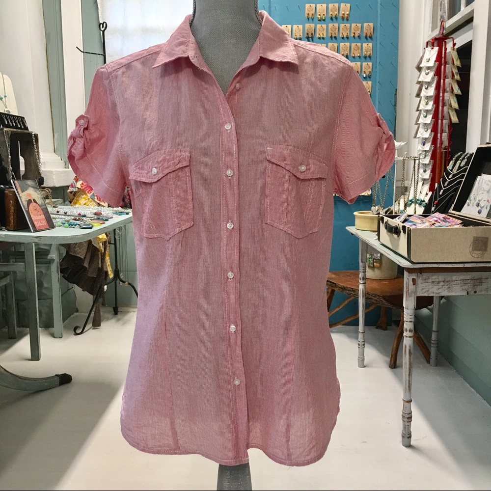 Button up shirt , pink and white pinstripe