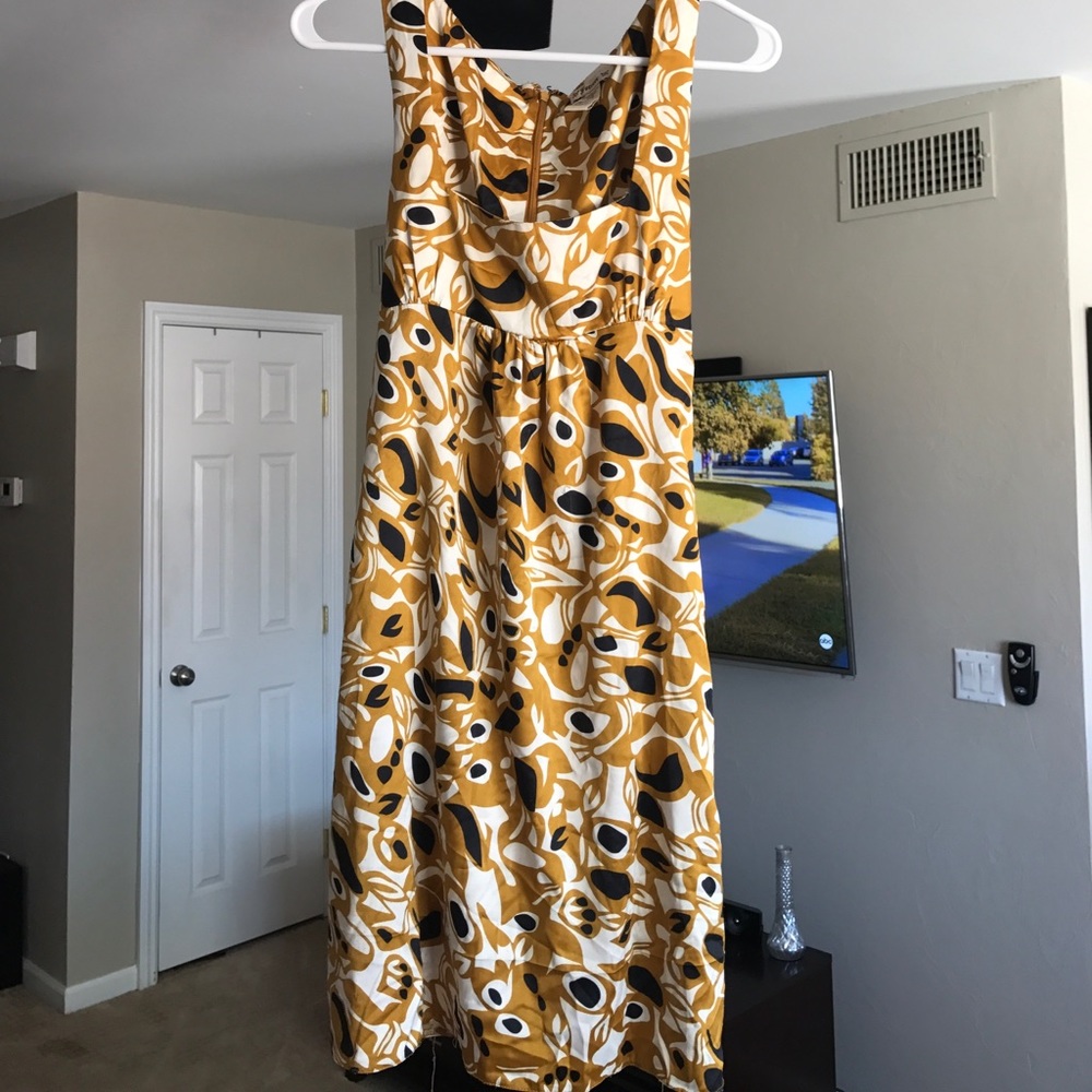 Mustard and black and cream 70s style dress