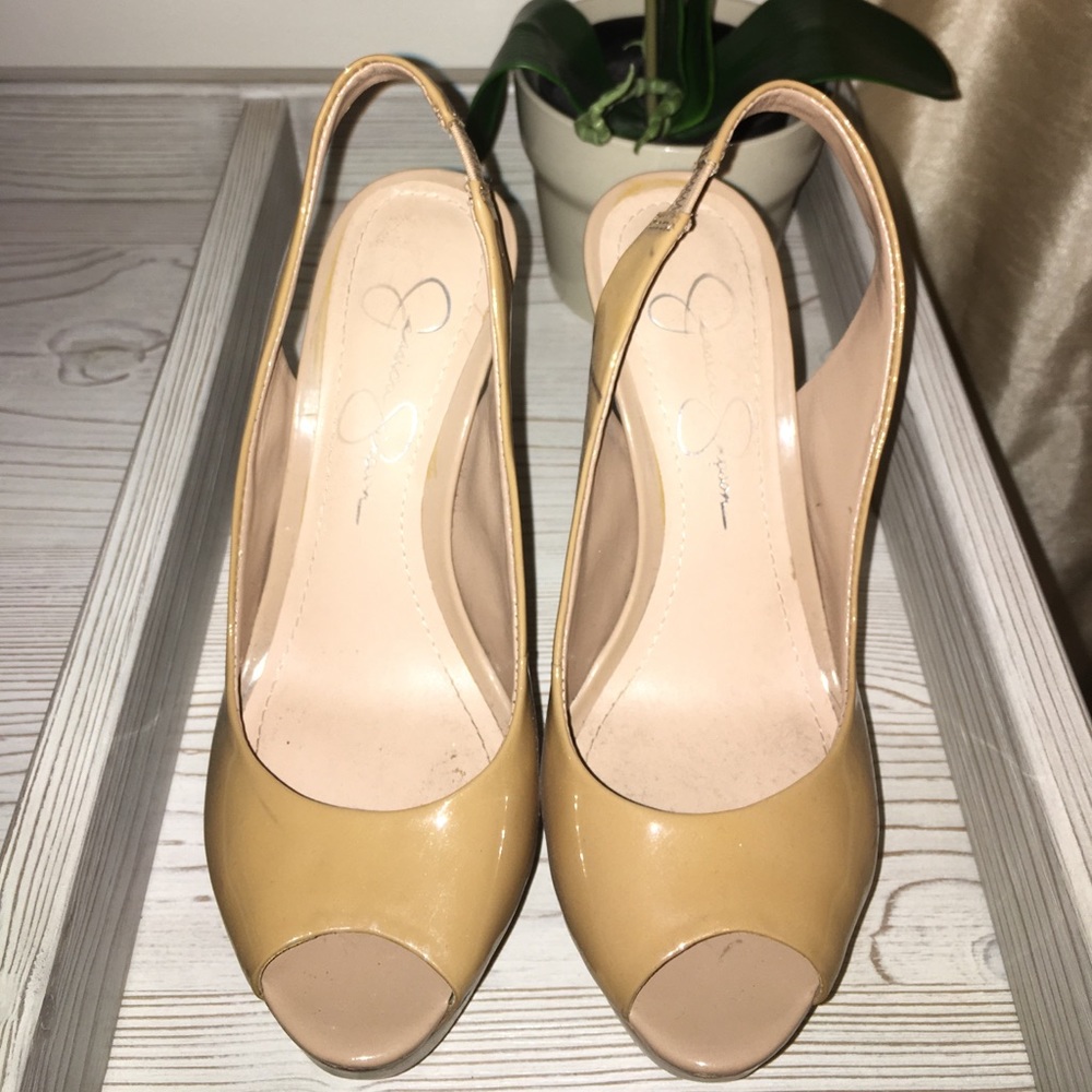 Jessica Simpson Nude Patent Platform OpenToe Pumps