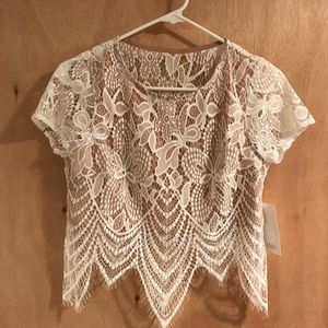 White Lace Cropped T Shirt
