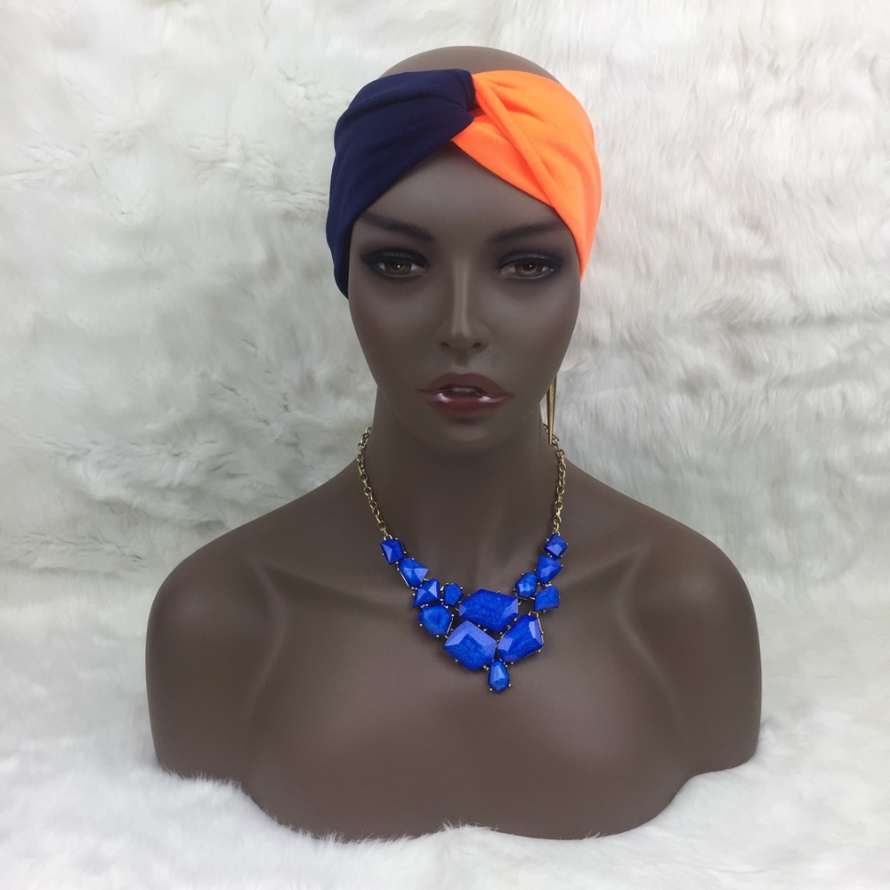 Turban Style Headband Navy Blue & Orange