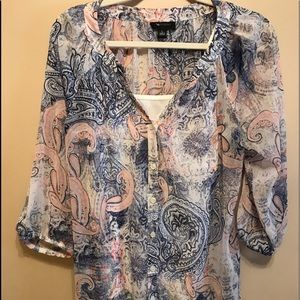Pink Blue Paisley Sheer Blouse White Tank Top
