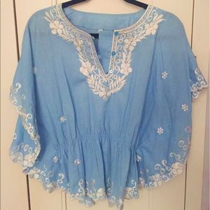 Vintage blue and white embroidered butterfly top