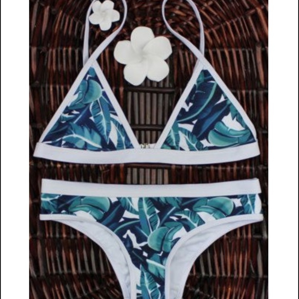 High-Cut Palm Leaf Print Bikini Set