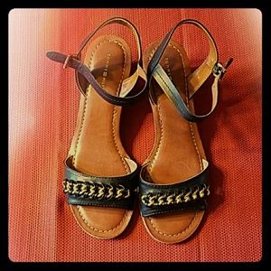 Black leather wedge sandals