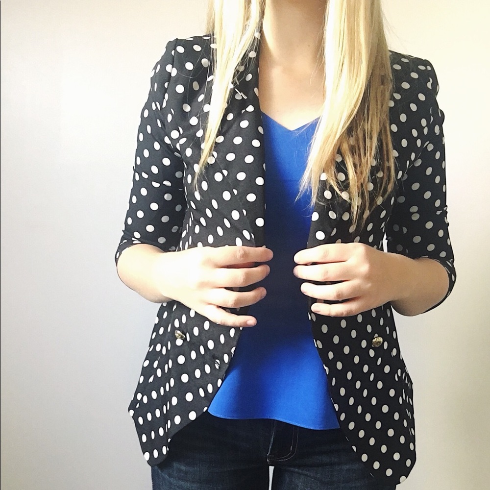 Black and white polka dot open-front blazer